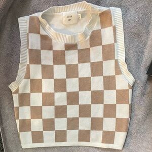 Luna Ivy - Anthropologie Checkered Knit Crop Top - White and Brown